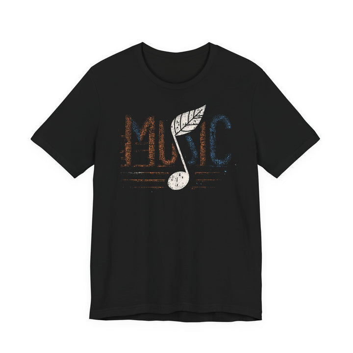 Black t-shirt with 'Music' design featuring a leaf and musical note on a white background