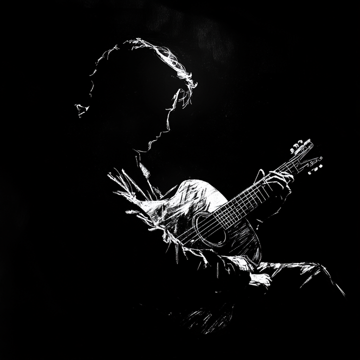 A black cotton t-shirt with a white line art depiction of a silhouette of a guitarist on the front.