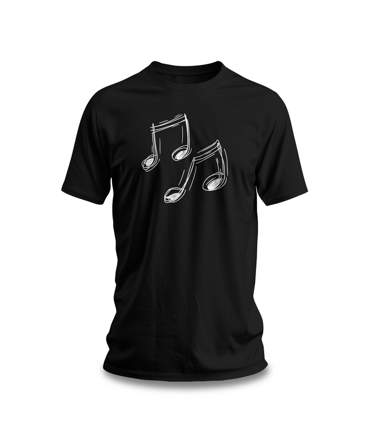 A black cotton t-shirt with a minimalist white hand-drawn music notes design on the front.