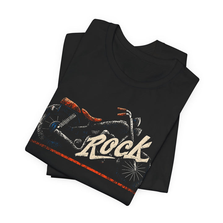 Black t-shirt with 'Rock' and motorcycle graphic on a white background