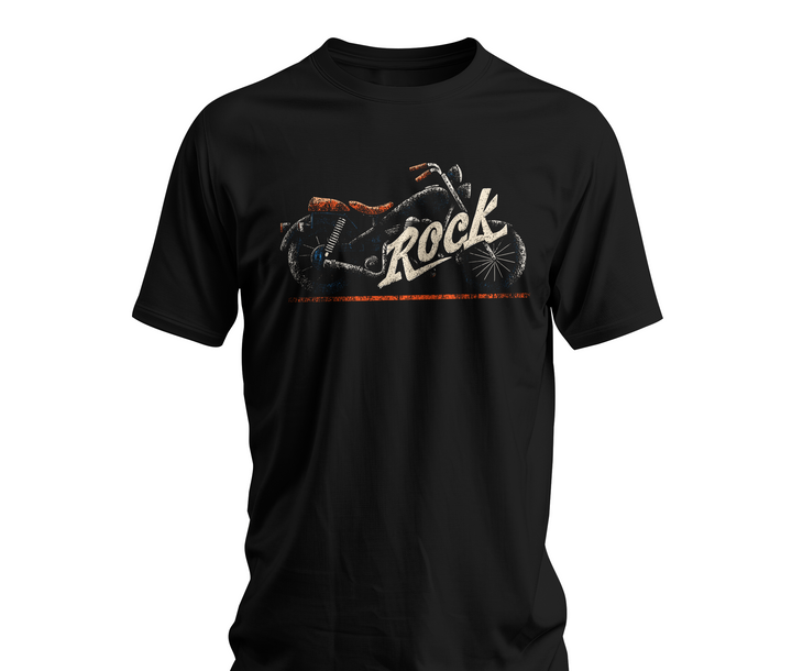 Black t-shirt with a graphic design and the word 'Rock' on a white background