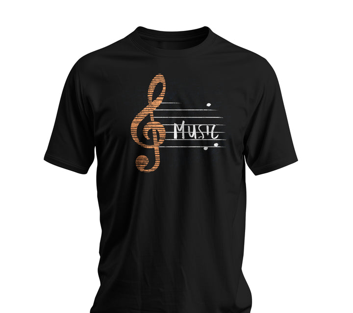 Black t-shirt with a music-themed design on a white background