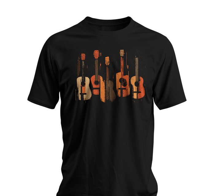 Black t-shirt with guitar graphic on a white background
