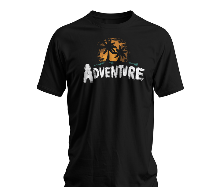 Black t-shirt with 'Adventure' graphic design on a white background