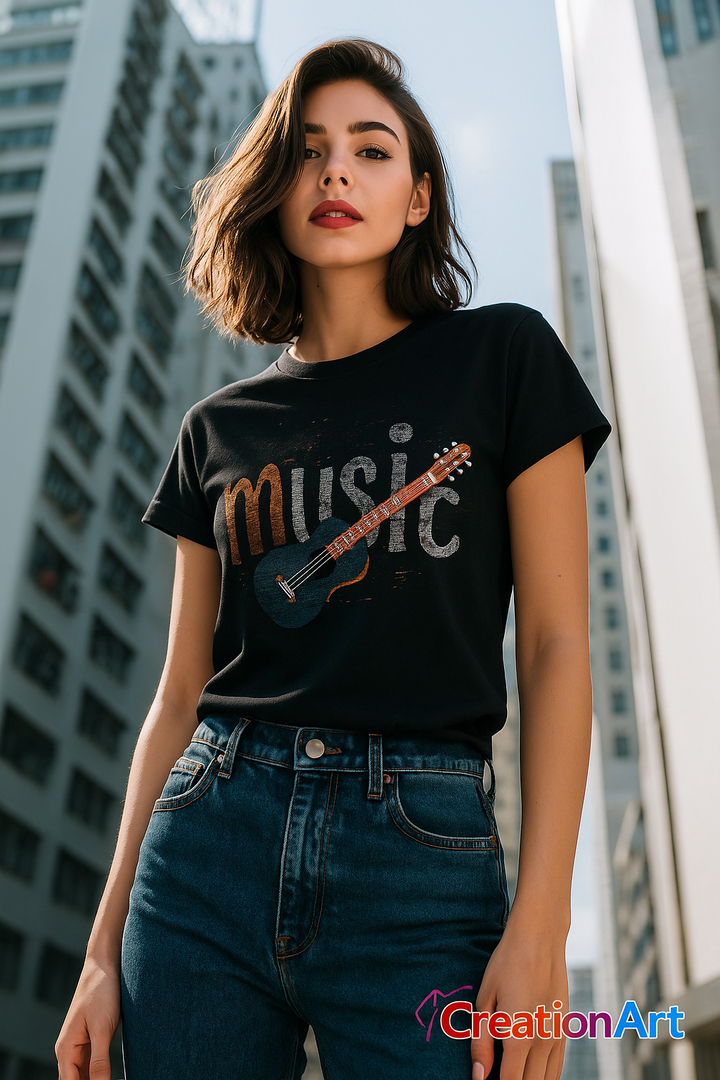 Woman wearing a black t-shirt with a guitar graphic and 'music' text, standing in an urban setting.