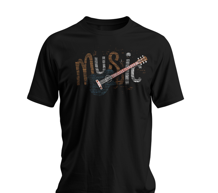 Black t-shirt with a graphic of a guitar and the word 'Music' on a white background