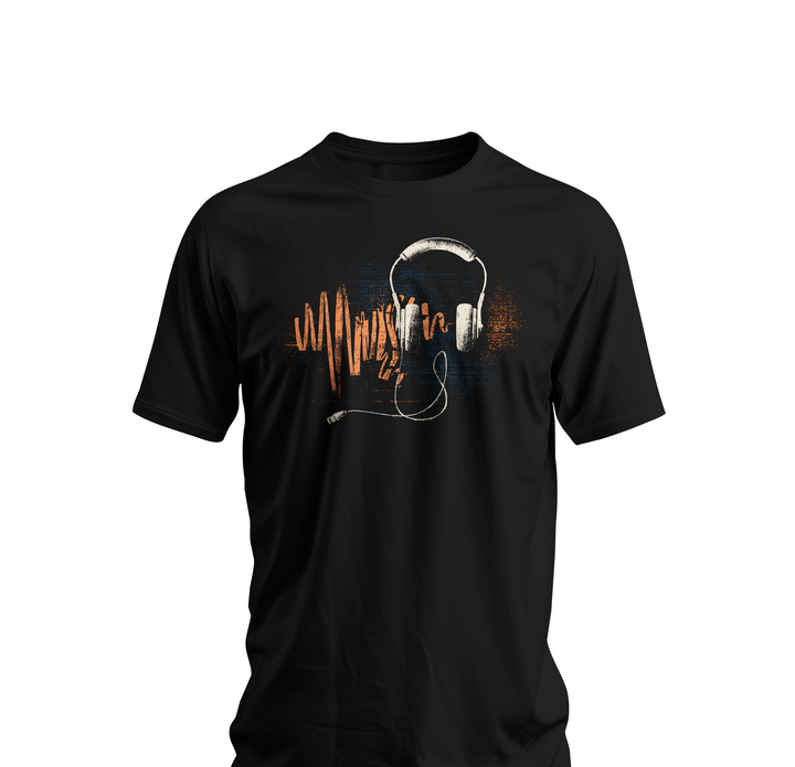 Black t-shirt with headphones graphic on a white background