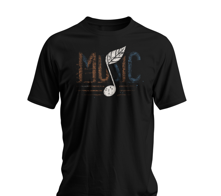 Black t-shirt with 'Music' design featuring a leaf and musical note on a white background