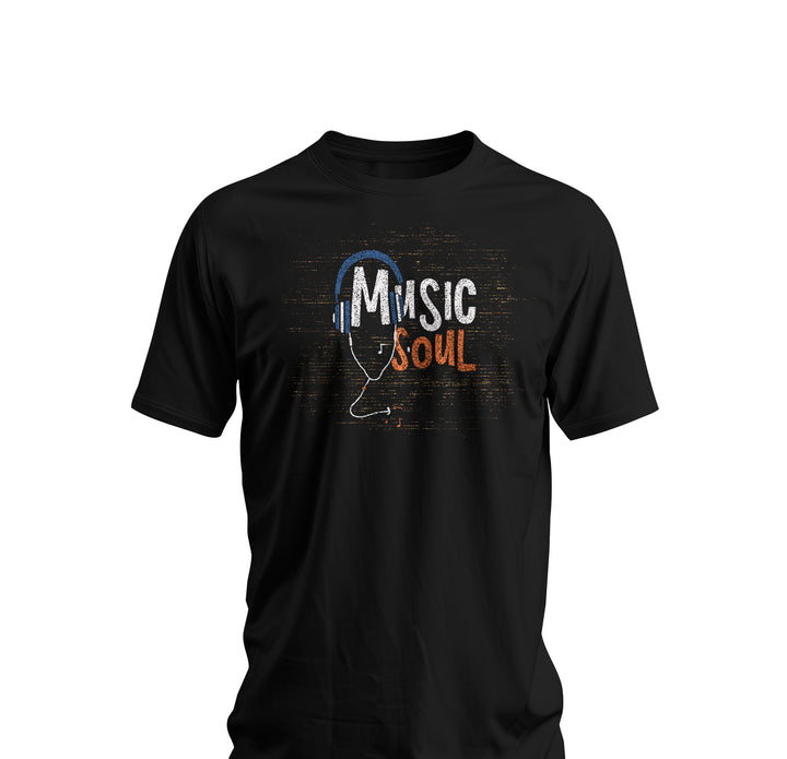 Black t-shirt with 'Music Soul' design on a white background