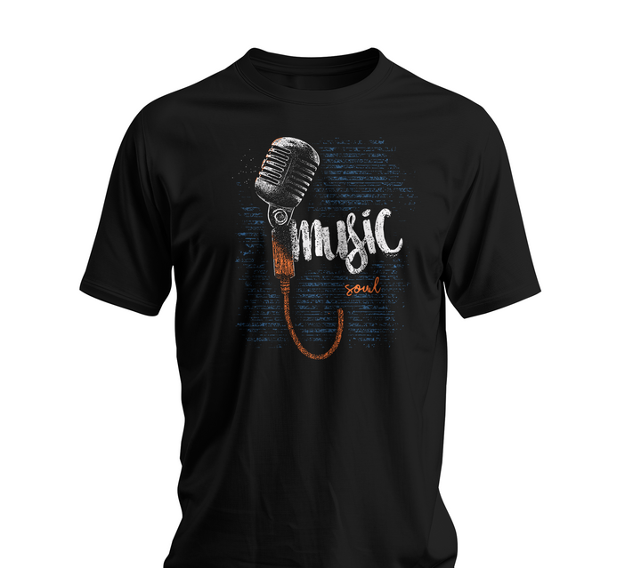 Black t-shirt with a microphone graphic and 'Music is Soul' text on a white background