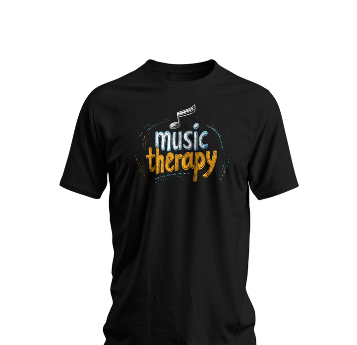 Black t-shirt with 'music therapy' design on a white background