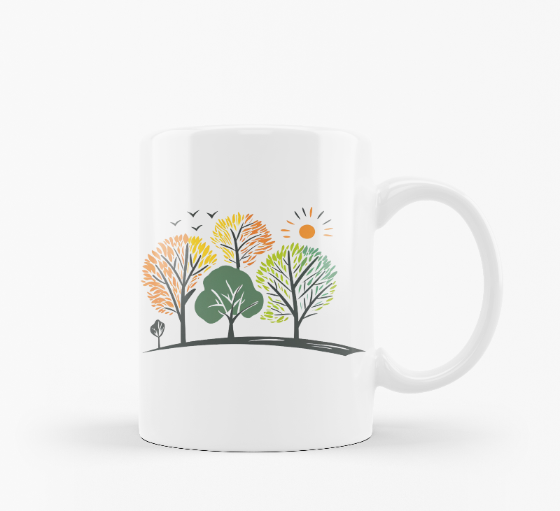 Two ceramic mugs with nature-inspired designs. One mug displays a colorful forest scene with trees and the sun, while the other mug has a 'Good Morning' message with a sun and coffee-related graphics.