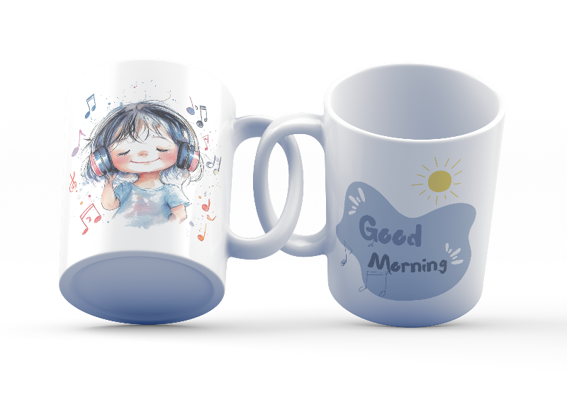 A ceramic coffee mug with a double-sided design featuring an illustration of a girl with headphones and music notes on one side, and a 'Good Morning' message on the other, in a blue color with a white design.