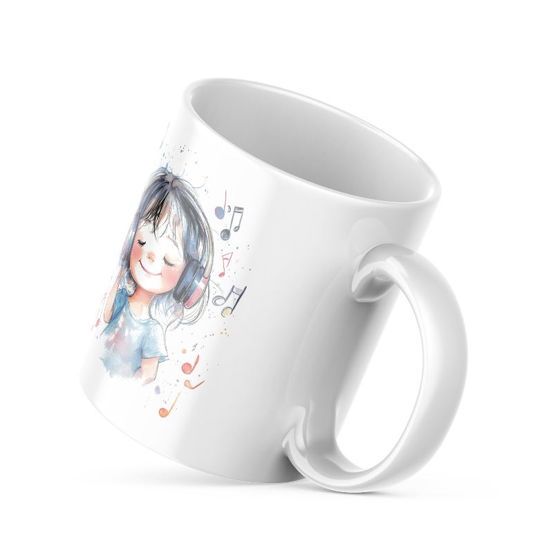 A ceramic coffee mug with a double-sided design featuring an illustration of a girl with headphones and music notes on one side, and a 'Good Morning' message on the other, in a blue color with a white design.