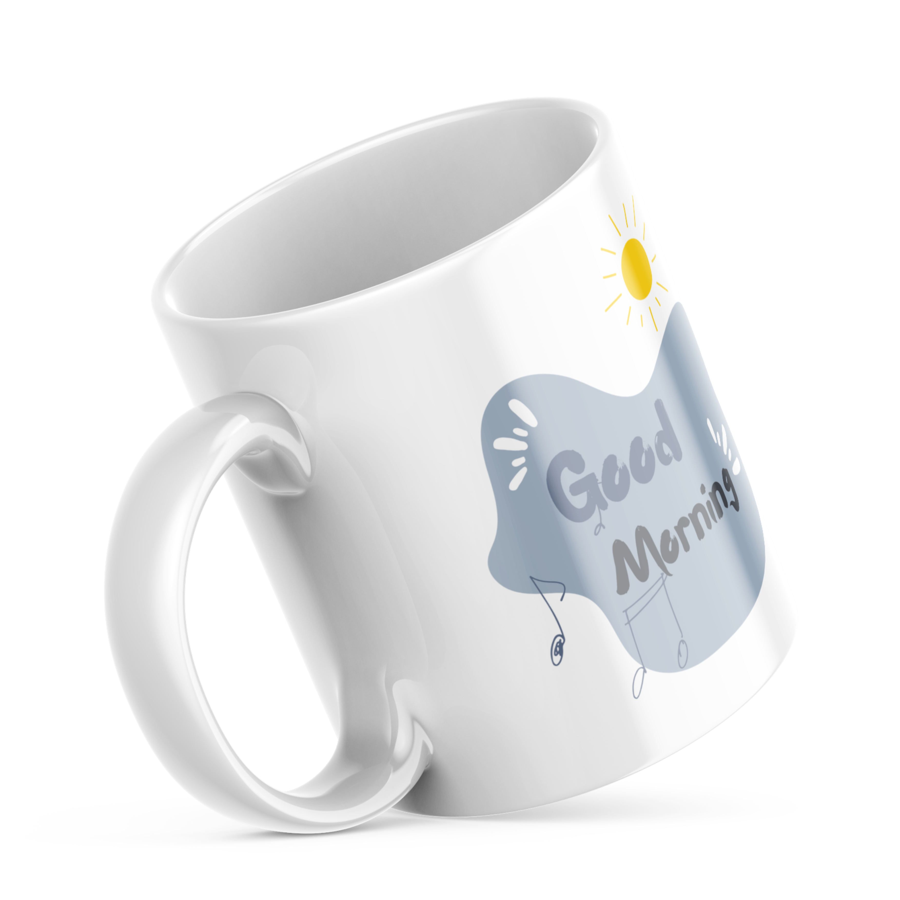 A ceramic coffee mug with a double-sided design featuring an illustration of a girl with headphones and music notes on one side, and a 'Good Morning' message on the other, in a blue color with a white design.