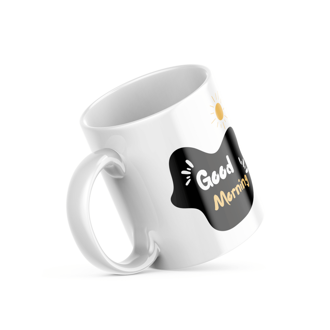 A set of two ceramic mugs, one with various playful cartoon faces and the other with a 'Good Morning' message accompanied by a sun illustration.