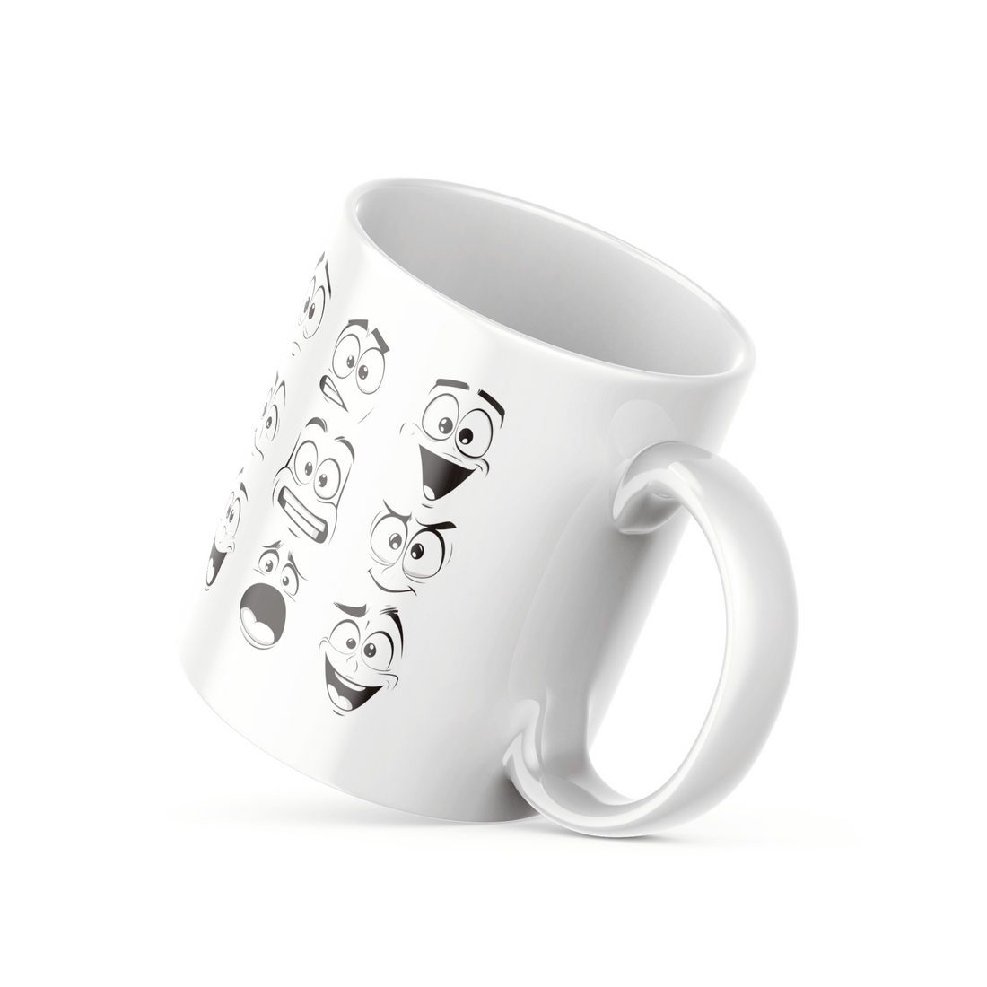 A set of two ceramic mugs, one with various playful cartoon faces and the other with a 'Good Morning' message accompanied by a sun illustration.