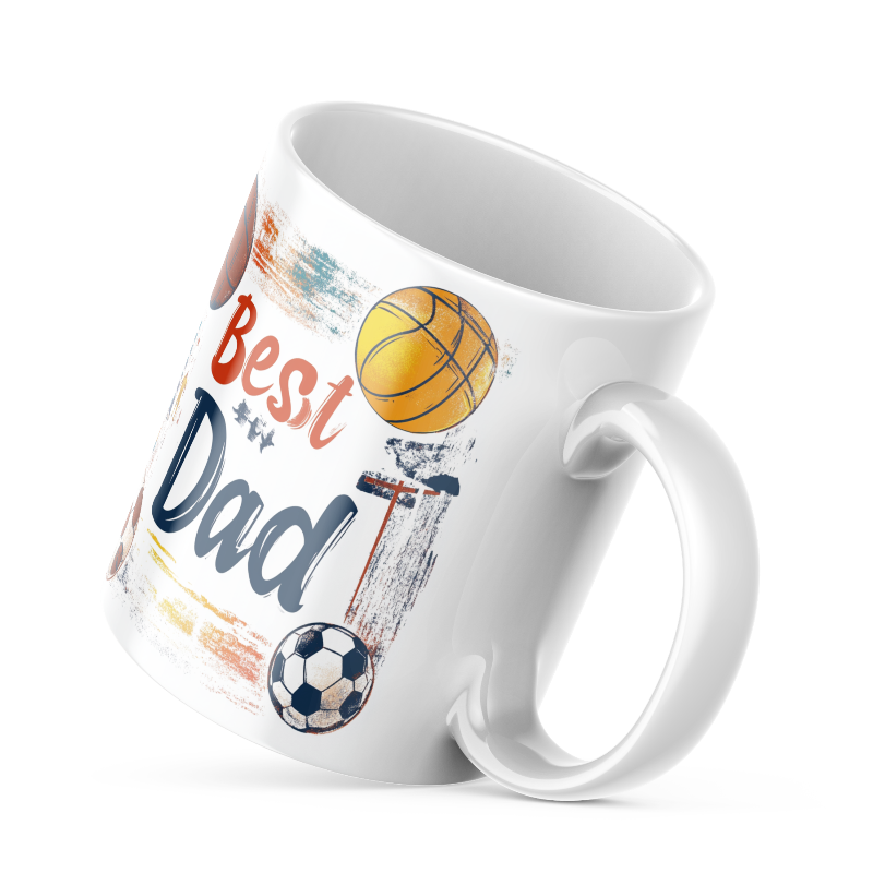 Best Dad sports mug with football and basketball print