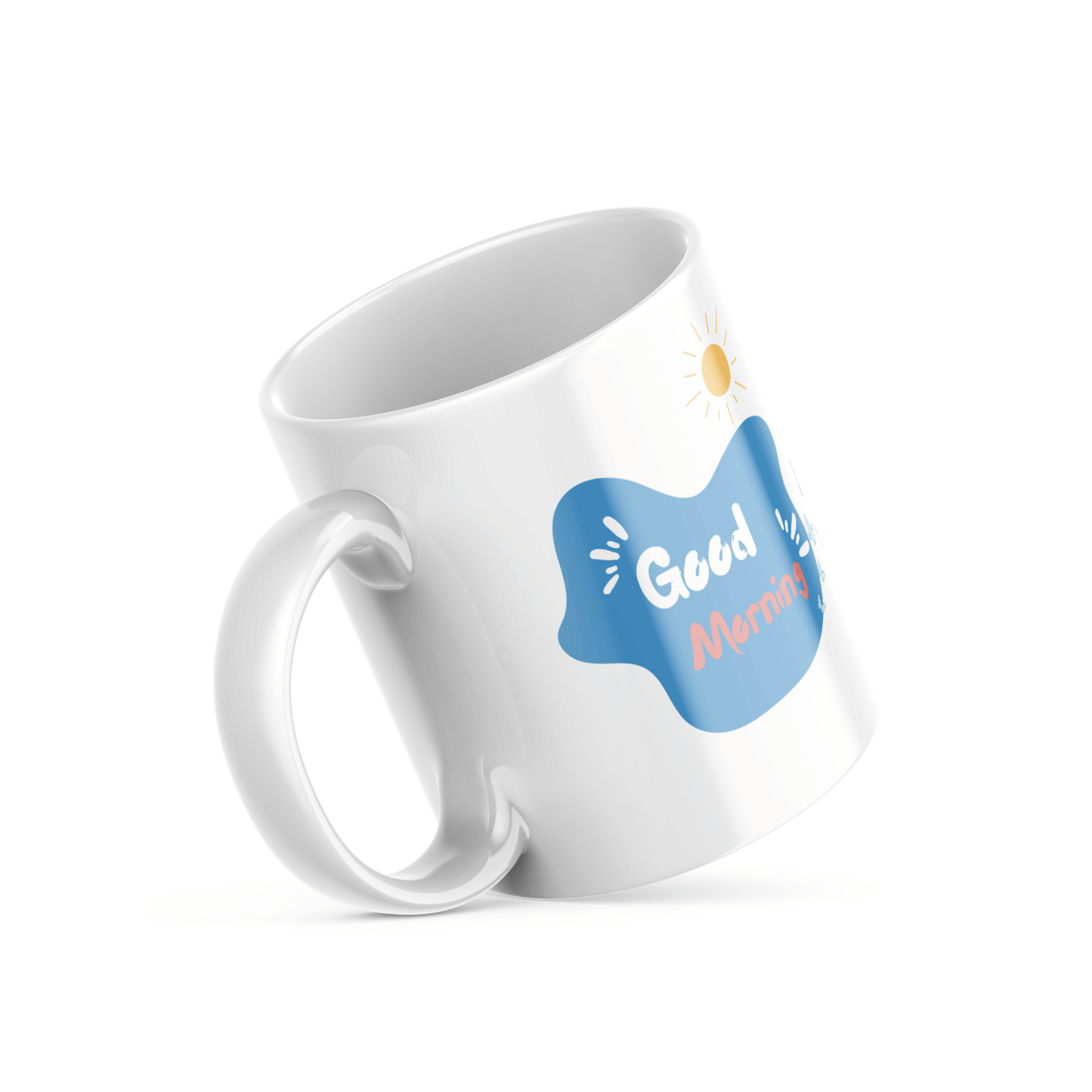 Two ceramic mugs, one with a colorful heart and butterflies design, and the other with a 'Good Morning' message with butterfly accents.