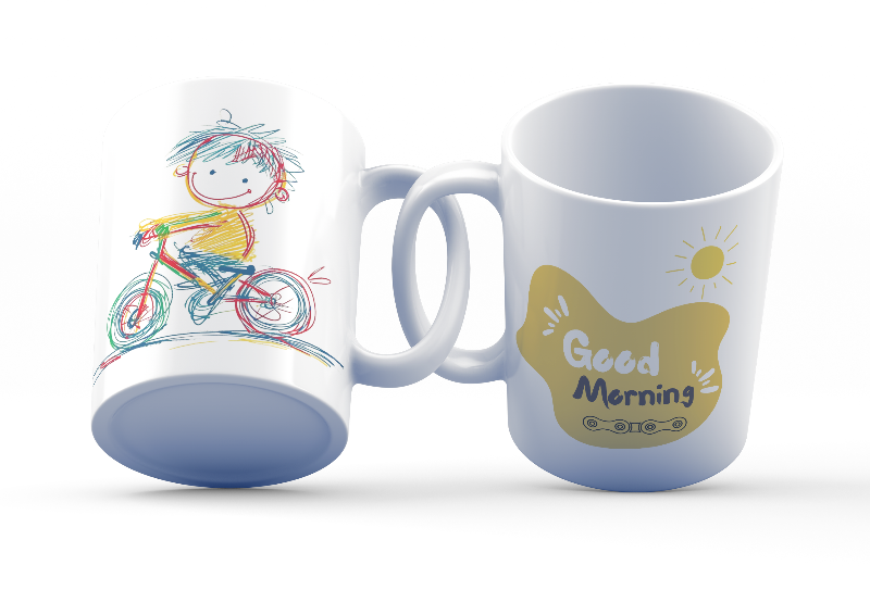 A double-sided ceramic coffee mug with a playful biker design on one side and a 'Good Morning' message with a chain link graphic on the other, displayed against a white background.