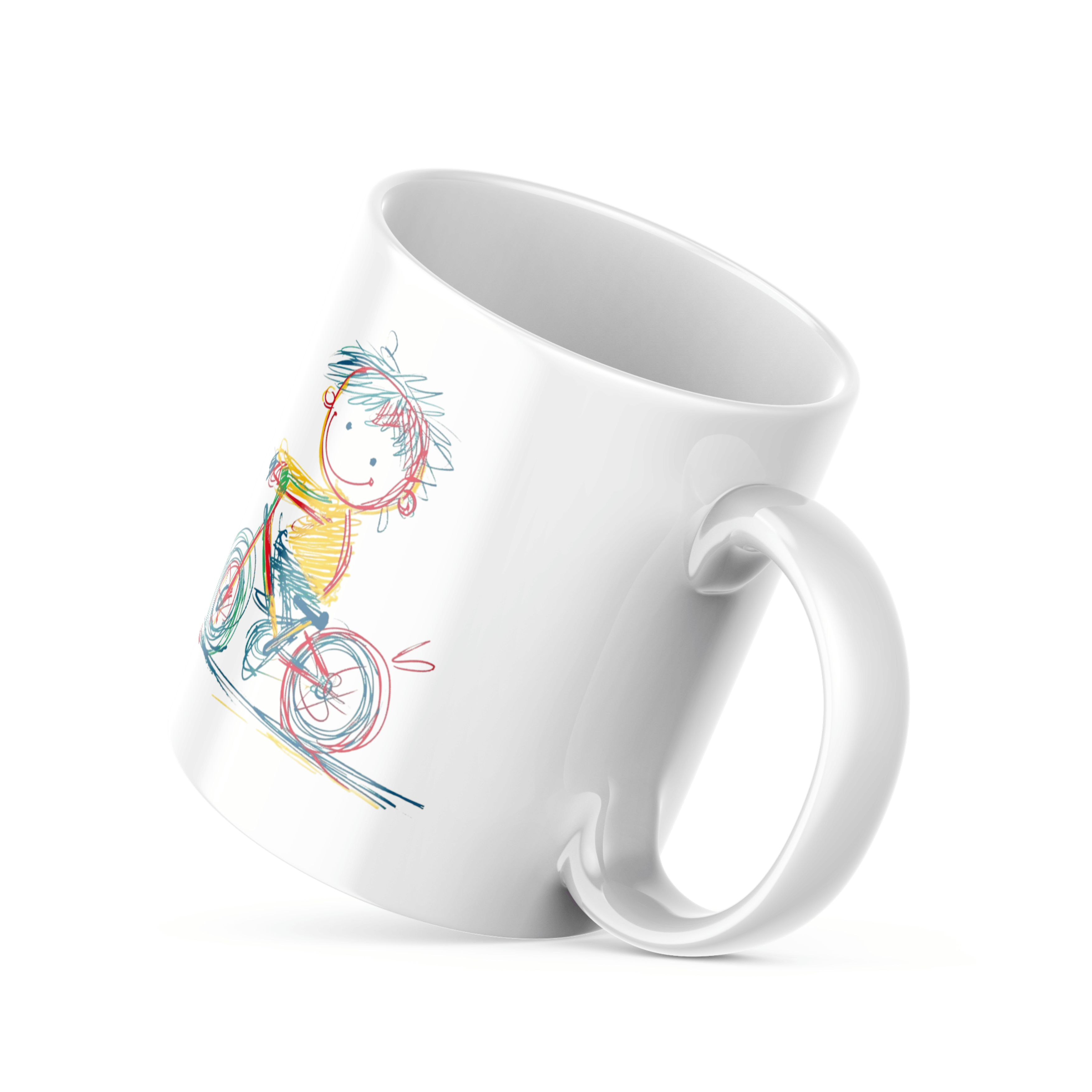 A double-sided ceramic coffee mug with a playful biker design on one side and a 'Good Morning' message with a chain link graphic on the other, displayed against a white background.
