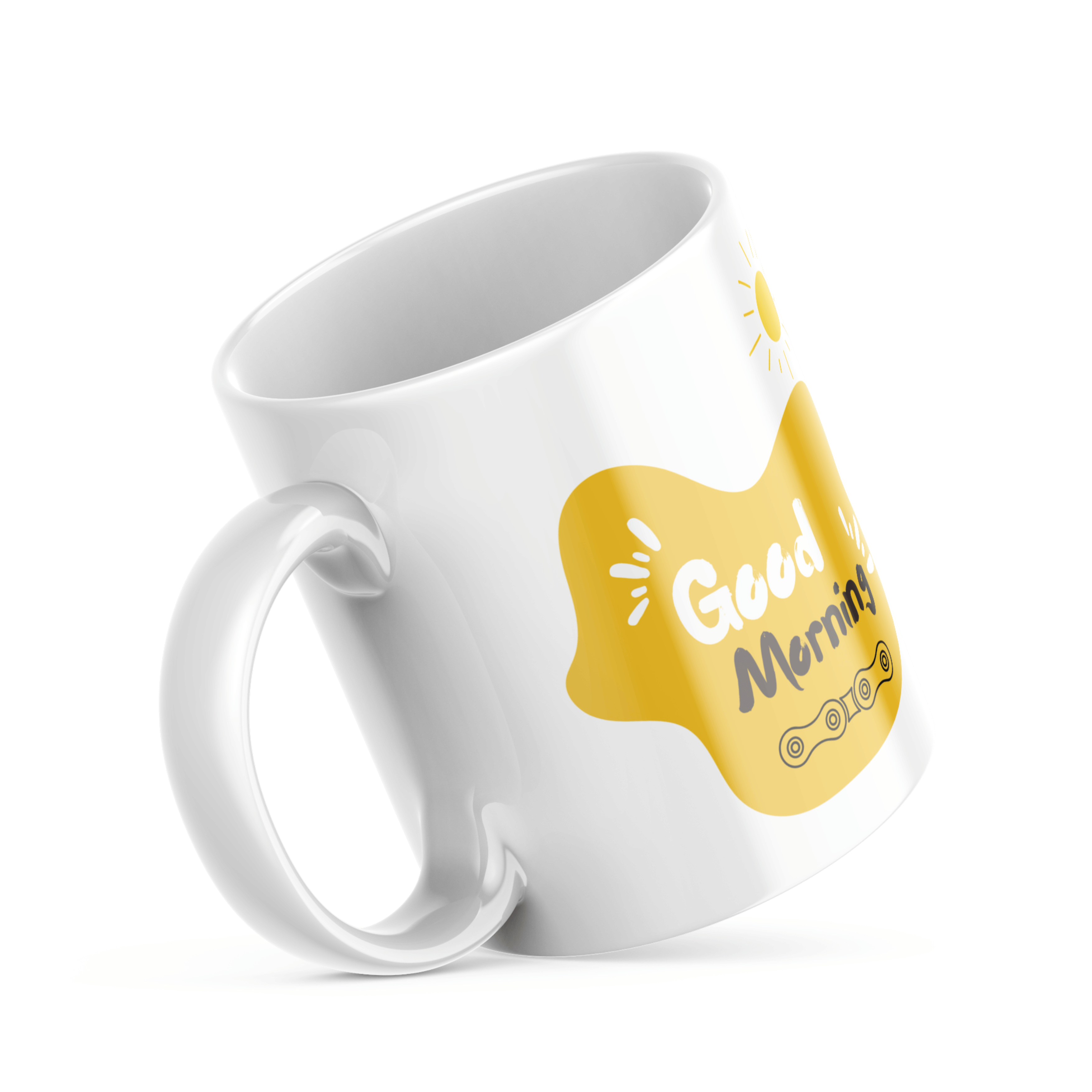 A double-sided ceramic coffee mug with a playful biker design on one side and a 'Good Morning' message with a chain link graphic on the other, displayed against a white background.