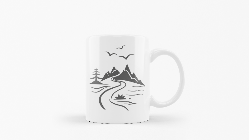 Two ceramic mugs, one with a mountain design and the other with a 'Good Morning' message and a sun illustration.