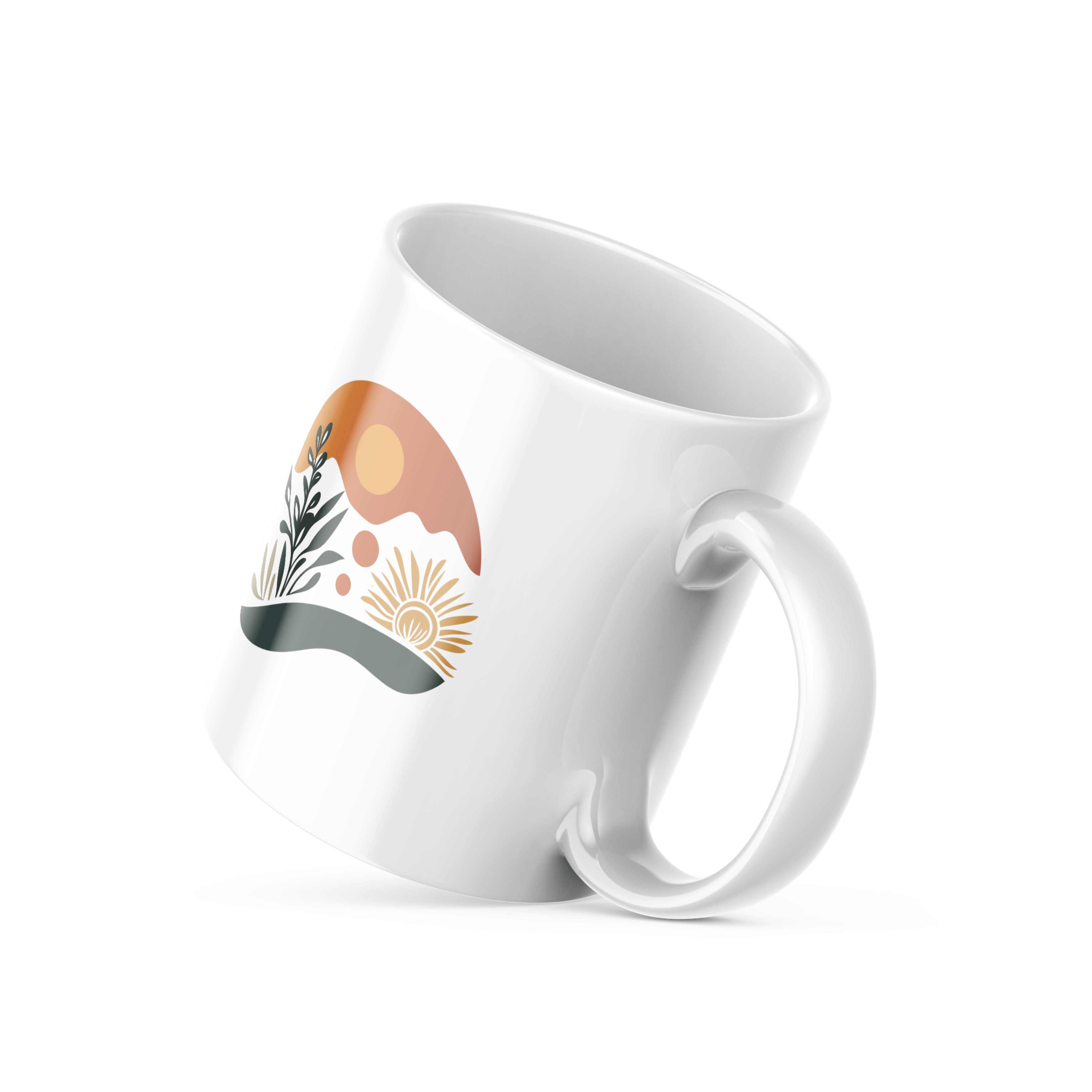 A set of two ceramic mugs, one with a minimalist sunrise design and the other with 'Good Morning' text in a natural tone, both featuring nature-inspired illustrations.