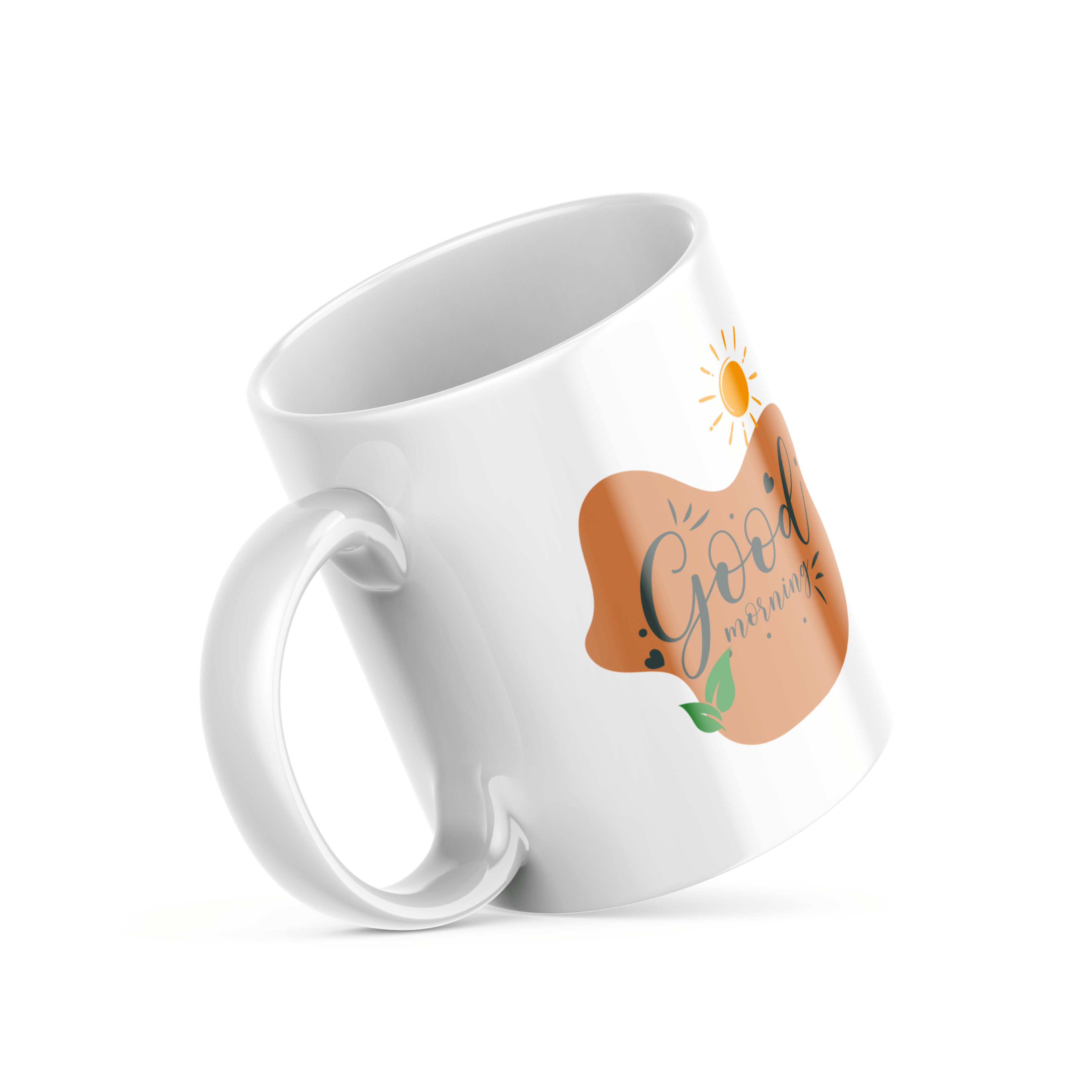 A set of two ceramic mugs, one with a minimalist sunrise design and the other with 'Good Morning' text in a natural tone, both featuring nature-inspired illustrations.