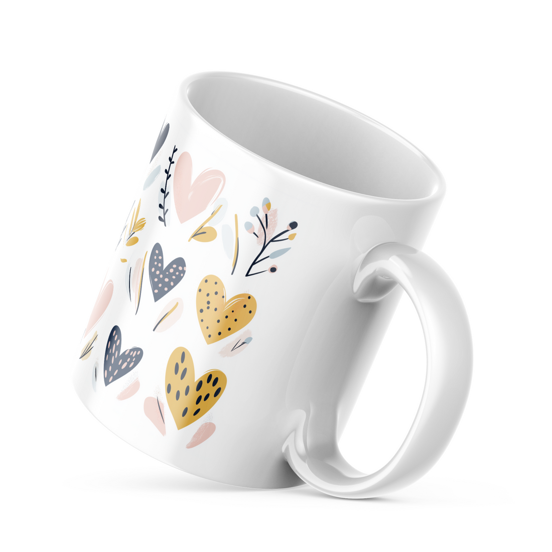 Two ceramic coffee mugs with heart and balloon patterns, one with a 'Good Morning' message and the other with a 'Good Night' message.