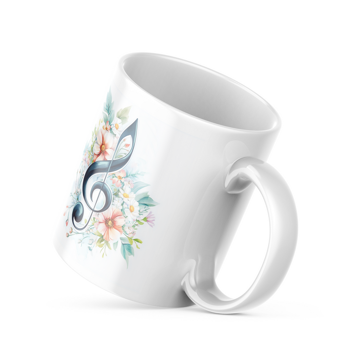 Floral Treble Clef Ceramic Coffee Mug, 11 oz Double-Sided Mug with Musical Note and "Good Morning" Design, Dishwasher and Microwave Safe Ceramic Mug for Music and Nature Lovers, Inspired by Nature