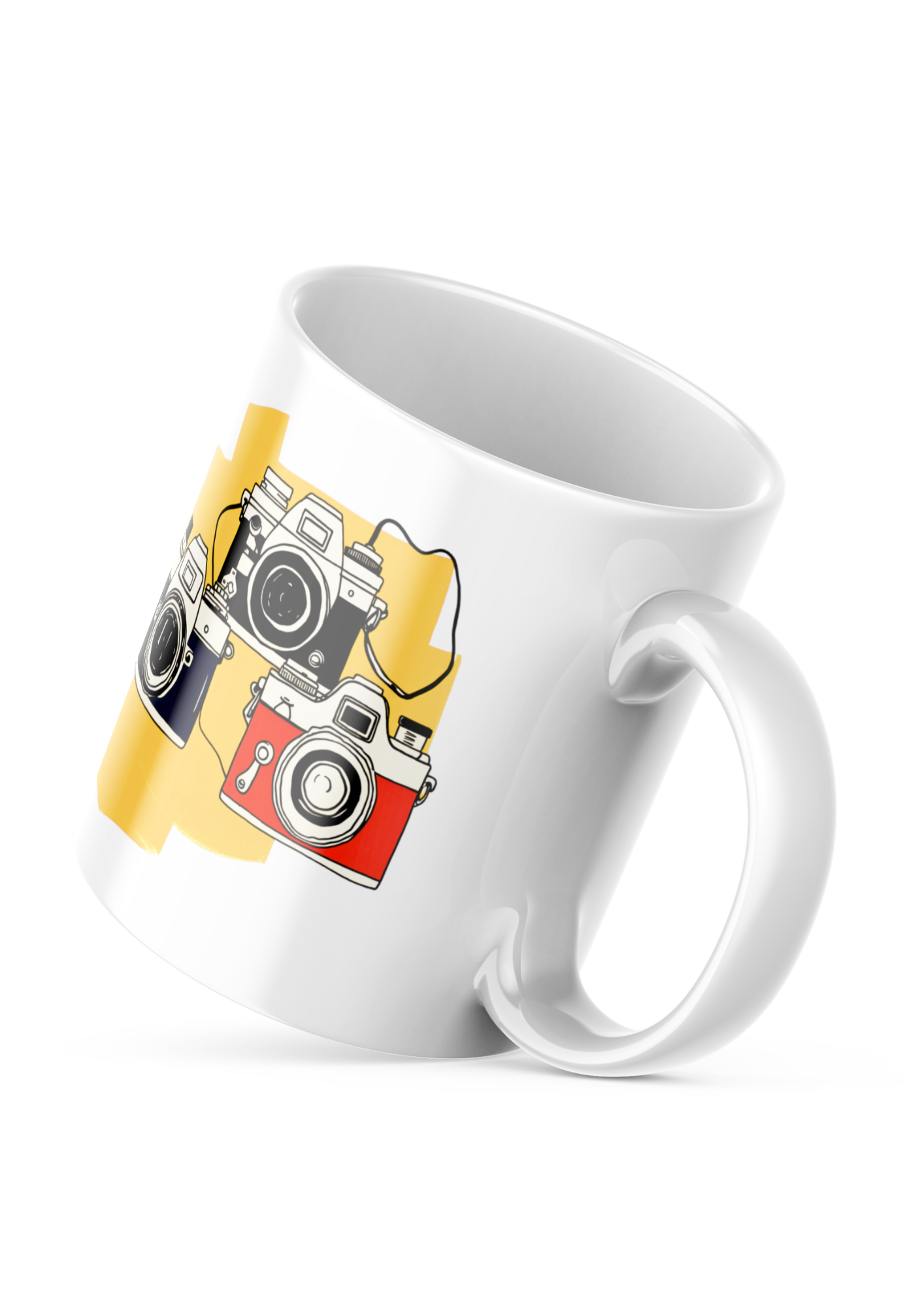 Two ceramic mugs, one with a colorful retro camera collage design and the text 'Light, Shadow, Moment!' The other mug is plain white with no design.