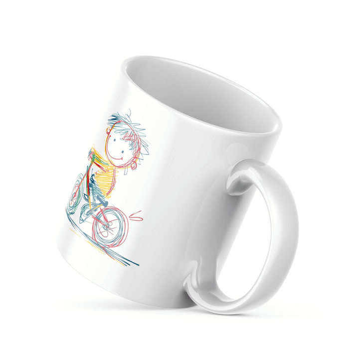 Cycling Enthusiast Ceramic Coffee Mug, 11 oz Double-Sided Mug with Playful Biker and "Good Morning" Design, Dishwasher and Microwave Safe Ceramic Mug for Active Lifestyles, Inspired by Nature