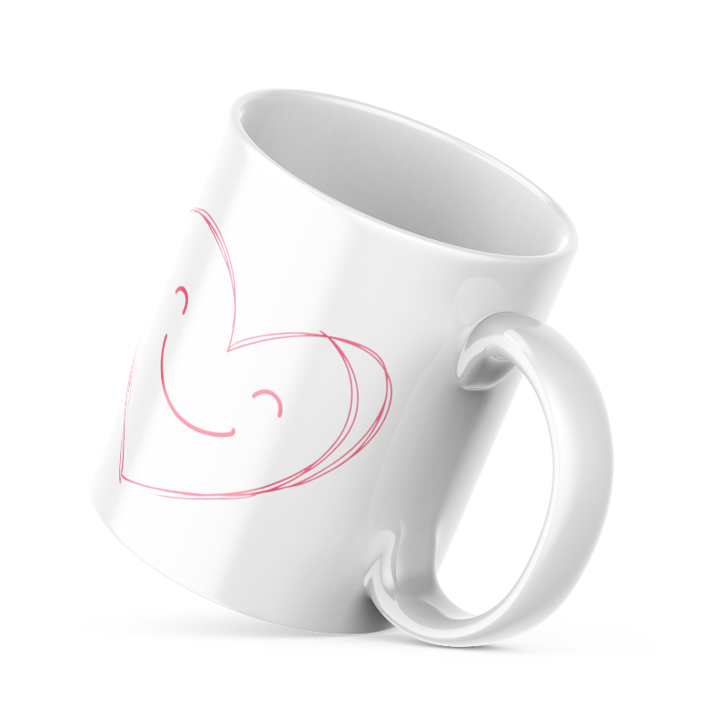 Two ceramic coffee mugs, one with a smiling heart design on the front and the other with a 'Good Morning' message alongside a sun graphic on the front. Both mugs have a white background with text and heart illustrations.
