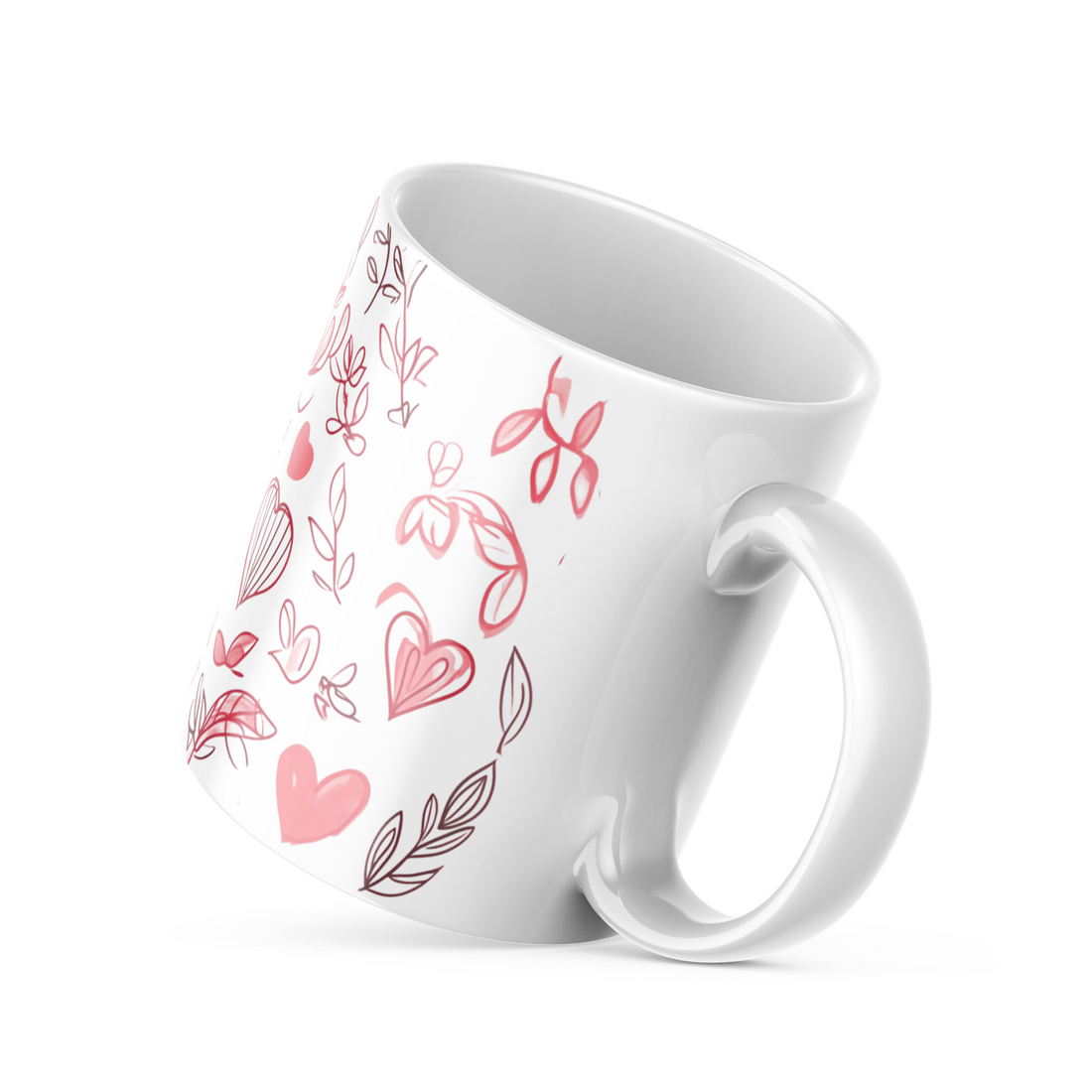 🌸💖 “Whispers of Love & Leaves” – 325ml (11oz) Premium White Ceramic Coffee Mug – Minimalist Hand-Drawn Heart & Botanical Pattern in Blush Pink and Black – Romantic Mug for Nature Lovers, Dreamers, and Gentle Souls 🌿✨
