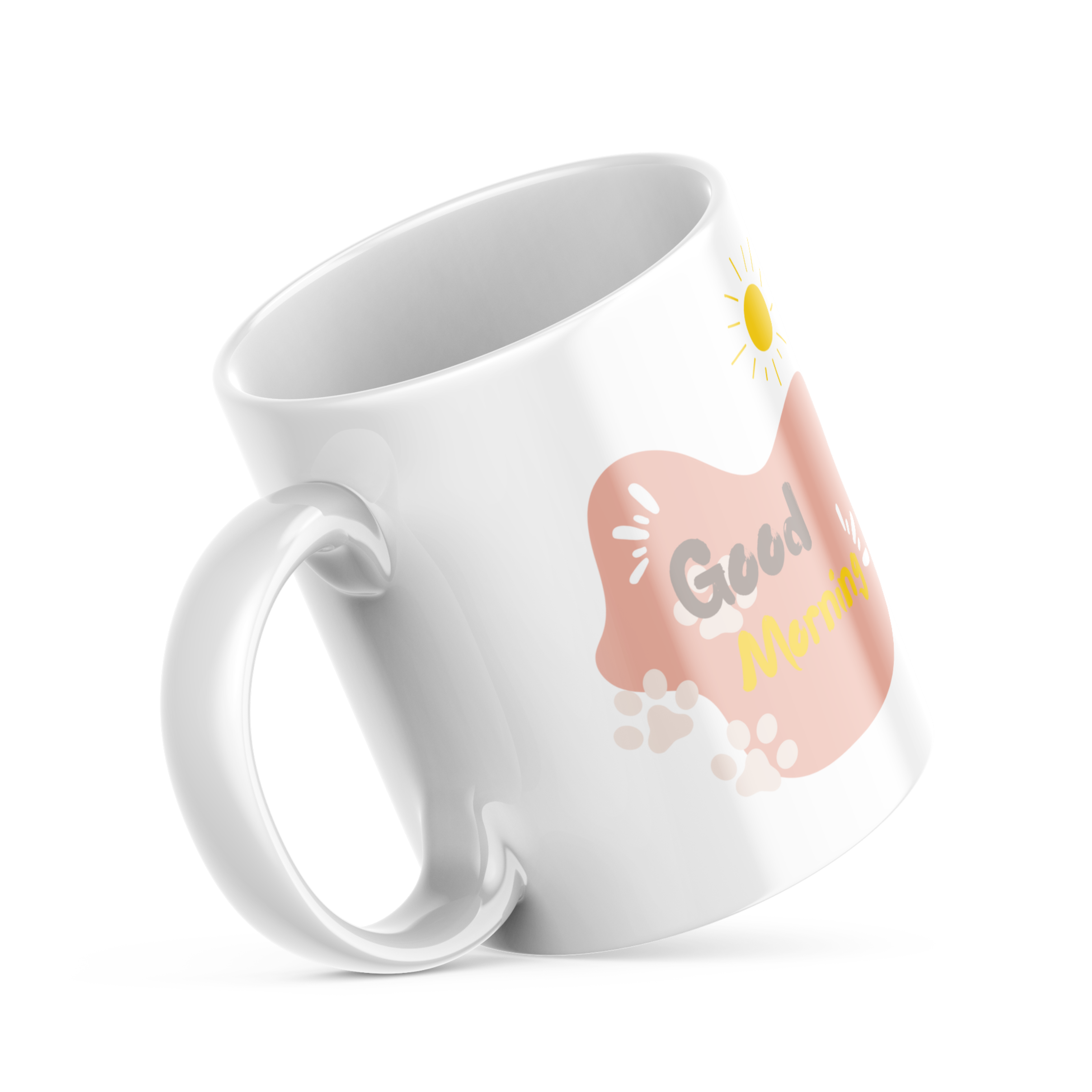 A set of ceramic coffee mugs with double-sided prints. One mug features a minimalist illustration of a cat on a beige background with a 'Good Morning' message and paw prints.