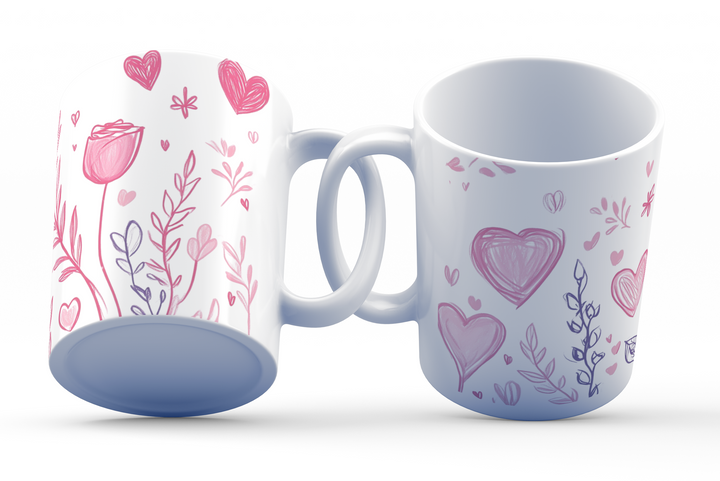💕🌿 “Blush of Love” – 325ml (11oz) Premium White Ceramic Coffee Mug – Hand-Drawn Romantic Floral & Heart Pattern in Soft Pinks and Lavenders – Perfect Gift for Lovers, Dreamers, and Gentle Souls 🌸✨