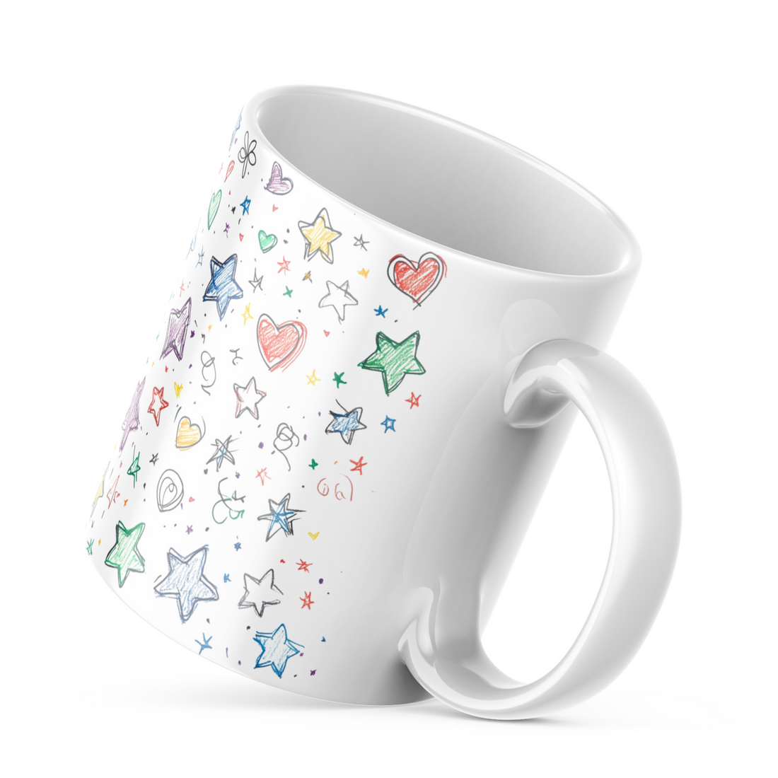 Playful Stars and Hearts Ceramic Coffee Mug, 11 oz Full-Wrap Colorful Sketch Design, Dishwasher and Microwave Safe Mug for Whimsy and Creativity, Inspired by Nature