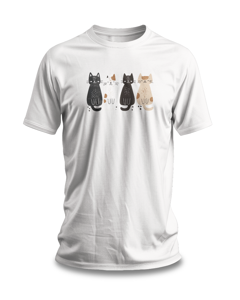 A white t-shirt featuring a graphic design of four cute cats in a lineup, each in different colors such as black, white, brown, and tan.