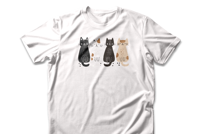 A white t-shirt featuring a graphic design of four cute cats in a lineup, each in different colors such as black, white, brown, and tan.