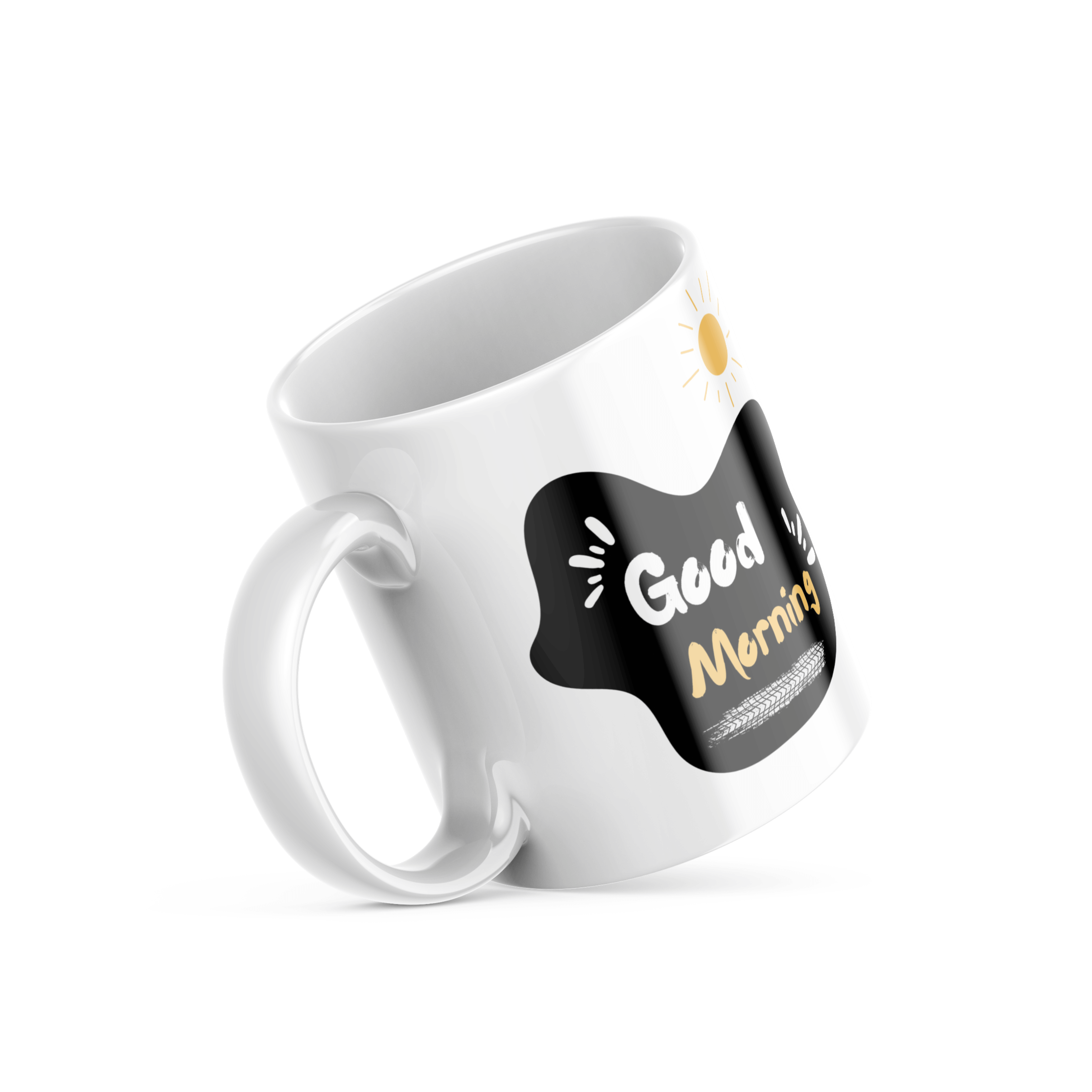 Two white ceramic mugs, one with a minimalist black bicycle design and the other featuring a 'Good Morning' message with a yellow sun accent, both with bold black and yellow prints.