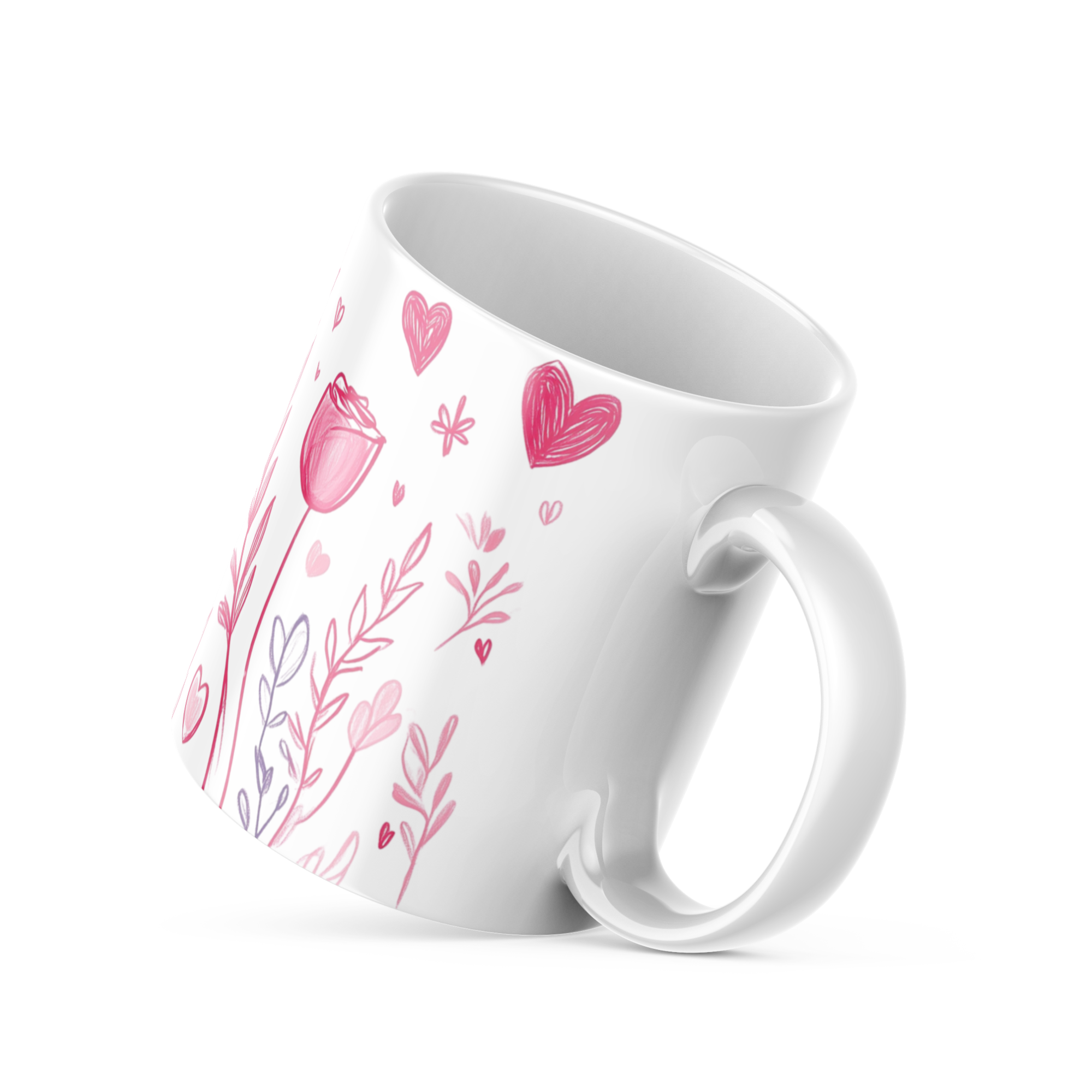White ceramic mug 11oz with pink heart and floral pattern, romantic gift, dishwasher safe
