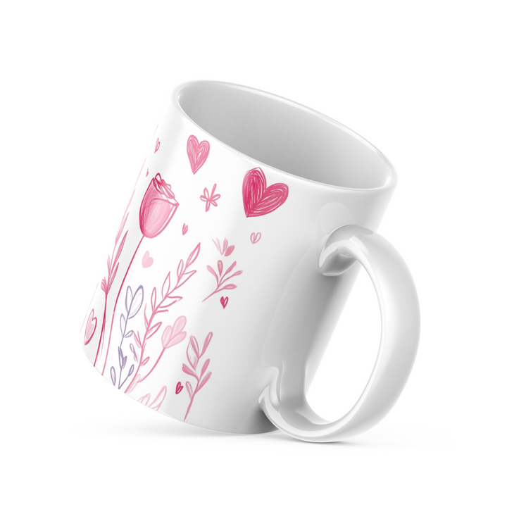 💕🌿 “Blush of Love” – 325ml (11oz) Premium White Ceramic Coffee Mug – Hand-Drawn Romantic Floral & Heart Pattern in Soft Pinks and Lavenders – Perfect Gift for Lovers, Dreamers, and Gentle Souls 🌸✨