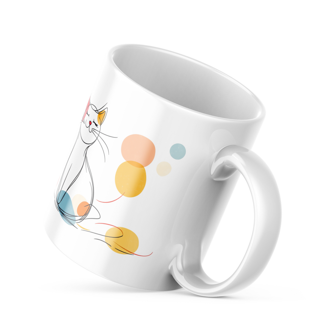 Playful Cat Good Morning Mug - 325ml (11oz) White Ceramic Coffee Cup with Colorful Cat and Dots Design, Perfect Gift for Cat Lovers