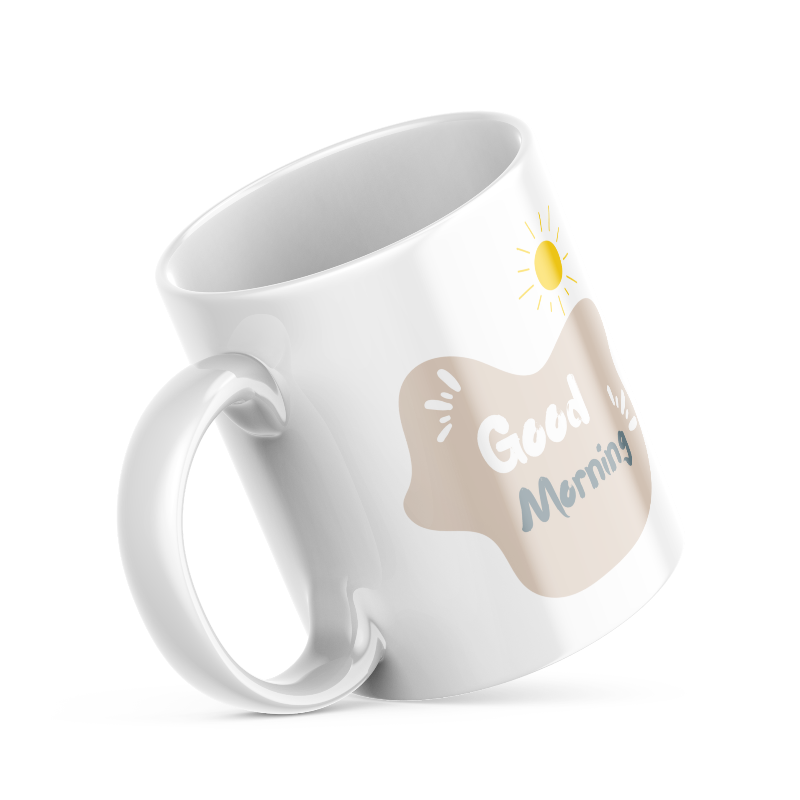 Two ceramic mugs, one with a 'Good Morning' message and a sun icon, and the other with a 'Good Mornin' spelling mistake, both with nature-inspired leaf designs.
