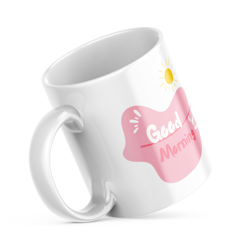 Two ceramic coffee mugs, one with a smiling heart design on the front and the other with a 'Good Morning' message alongside a sun graphic on the front. Both mugs have a white background with text and heart illustrations.