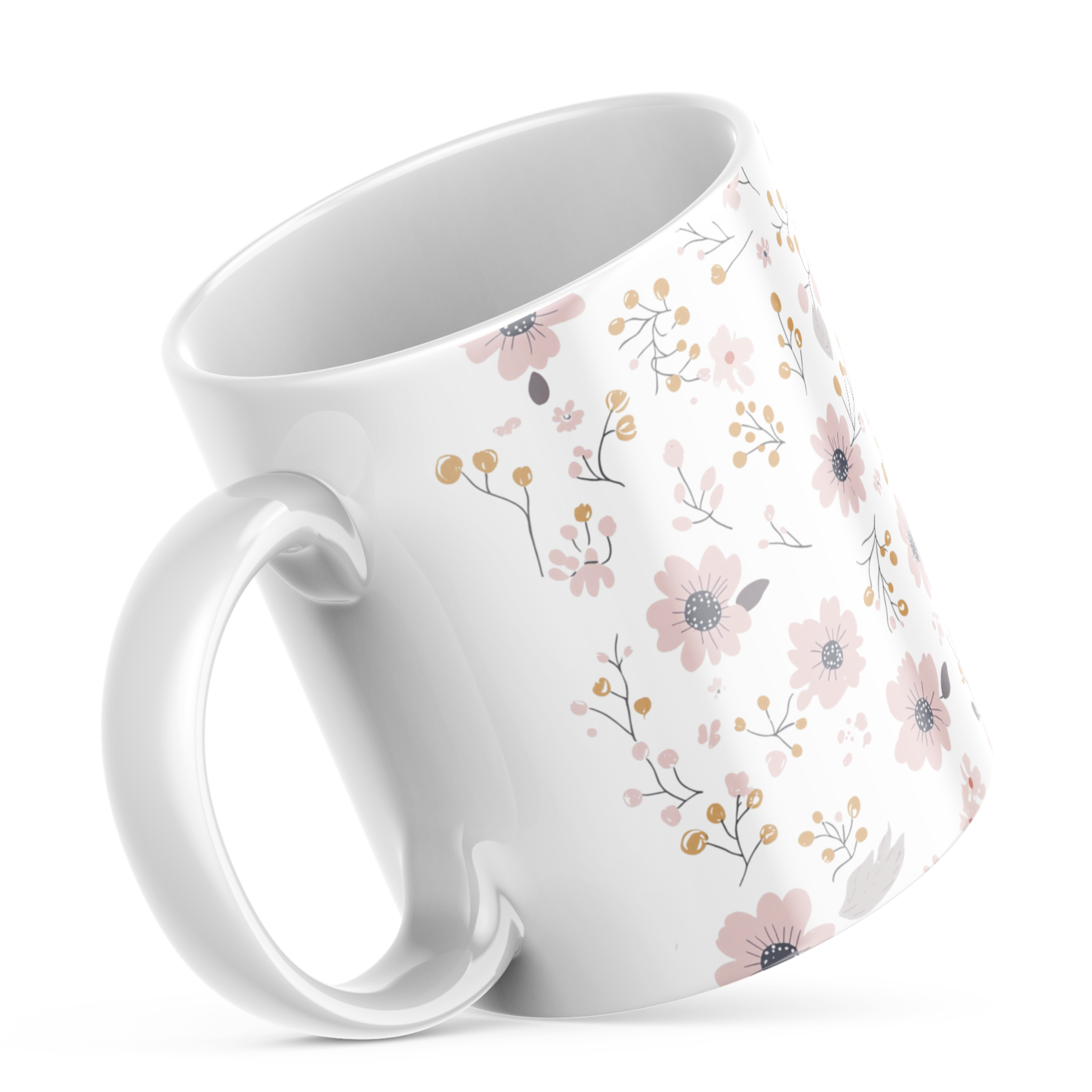 Two ceramic coffee mugs with a floral pattern, one with the handle up and the other with the handle down, on a white background.