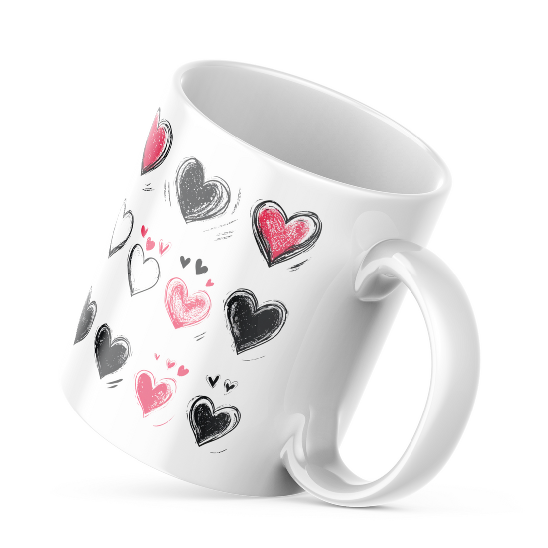 Good Morning Heart Pattern Ceramic Coffee Mug | 11 oz Double-Sided Mug with Red and Black Heart Design | Stylish Coffee and Tea Mug for Home, Office, and Gifting