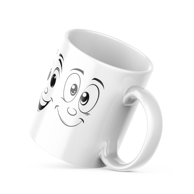 Two ceramic coffee mugs, one with a smiling face design and 'Good Morning' text, the other with a sun and 'Good Afternoon' text. Both have a white background with decorative elements.