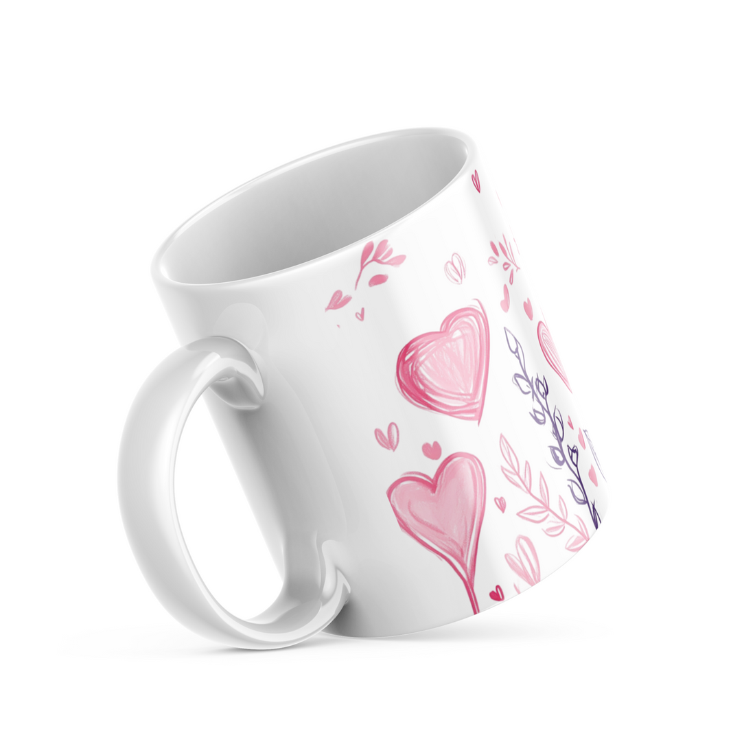💕🌿 “Blush of Love” – 325ml (11oz) Premium White Ceramic Coffee Mug – Hand-Drawn Romantic Floral & Heart Pattern in Soft Pinks and Lavenders – Perfect Gift for Lovers, Dreamers, and Gentle Souls 🌸✨